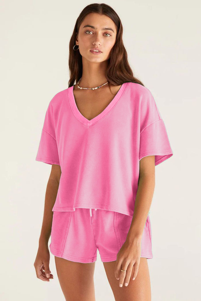 Mint Green V Neck Drop Shoulder Tee and Patchwork Drawstring Elastic Waistband Shorts Set