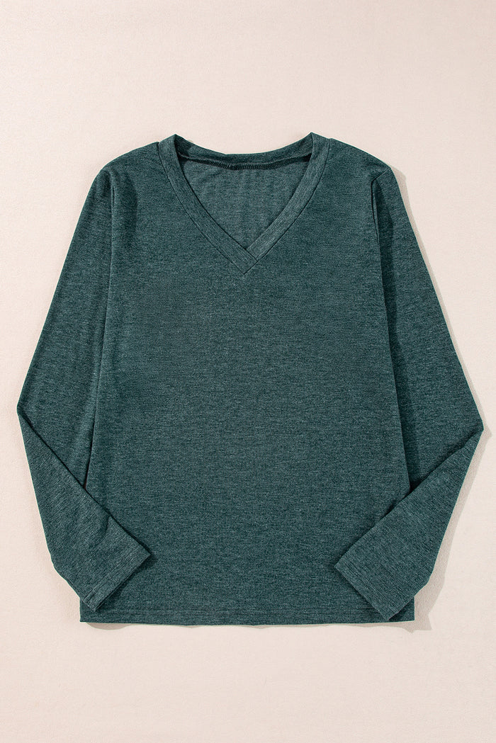 Mist Green Long Sleeve V-Neck Top Solid Coloor Casual Shirt Women’s Top