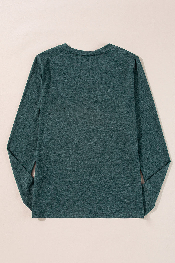 Mist Green Long Sleeve V-Neck Top Solid Coloor Casual Shirt Women’s Top