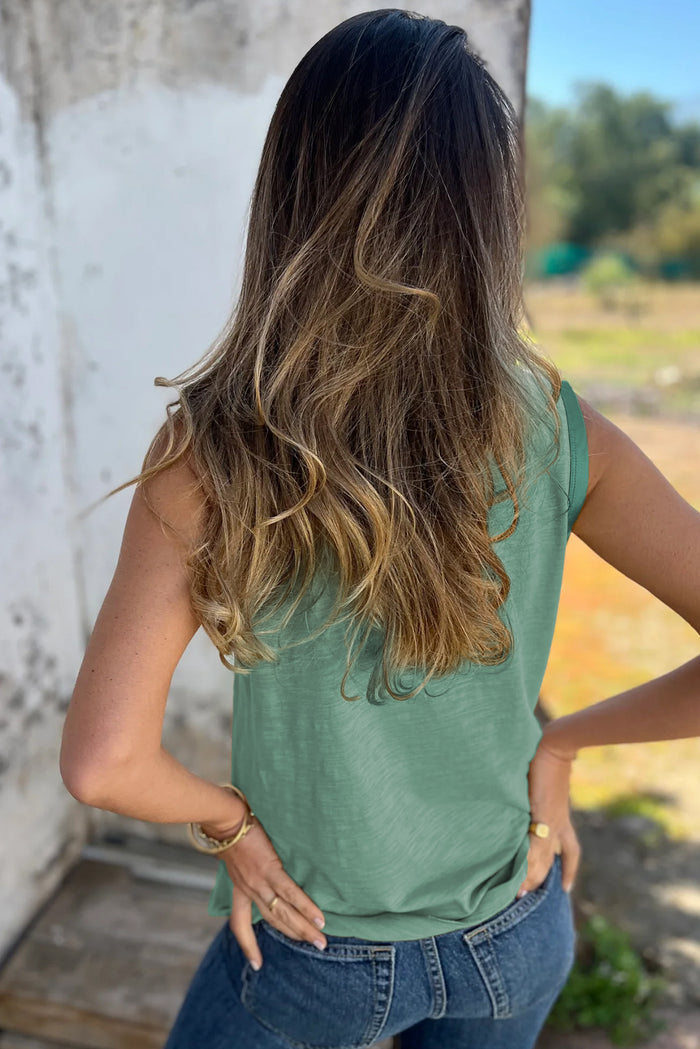 Mist Green Metallic Sheen Edge Scoop Neck Women’s Tank Top