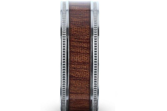 MOCHA KOA WOOD INLAID TITANIUM MEN'S WEDDING RING WITH POLISHED MILGRAIN EDGES - 8MM