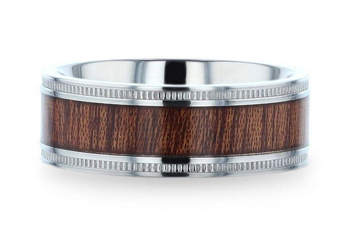 MOCHA KOA WOOD INLAID TITANIUM MEN'S WEDDING RING WITH POLISHED MILGRAIN EDGES - 8MM
