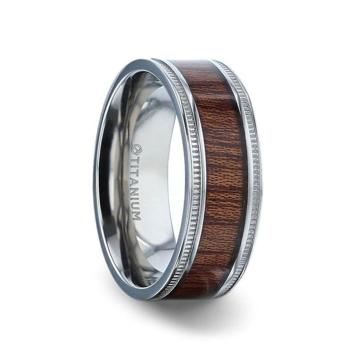 MOCHA KOA WOOD INLAID TITANIUM MEN'S WEDDING RING WITH POLISHED MILGRAIN EDGES - 8MM