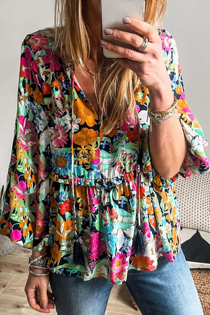 Multicolour Floral Print Blouse Bubble Sleeve V-Neck Ruffled Casual Top