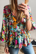Multicolour Floral Print Blouse Bubble Sleeve V-Neck Ruffled Casual Top