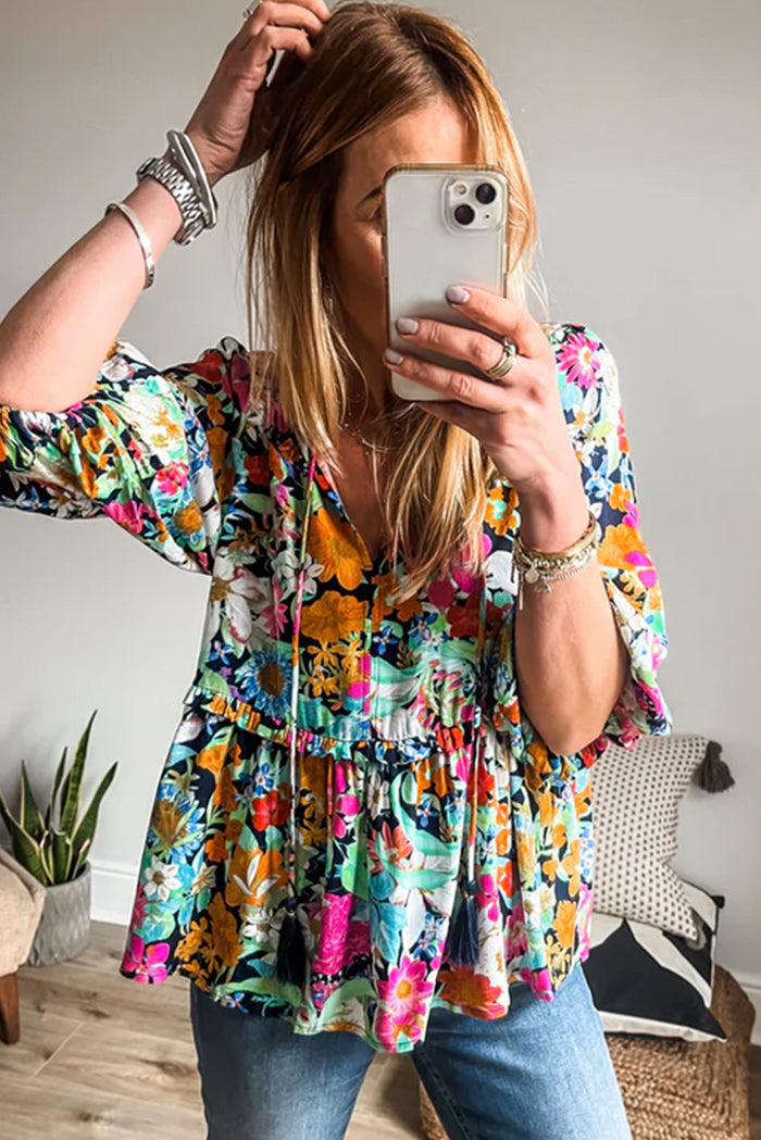 Multicolour Floral Print Blouse Bubble Sleeve V-Neck Ruffled Casual Top