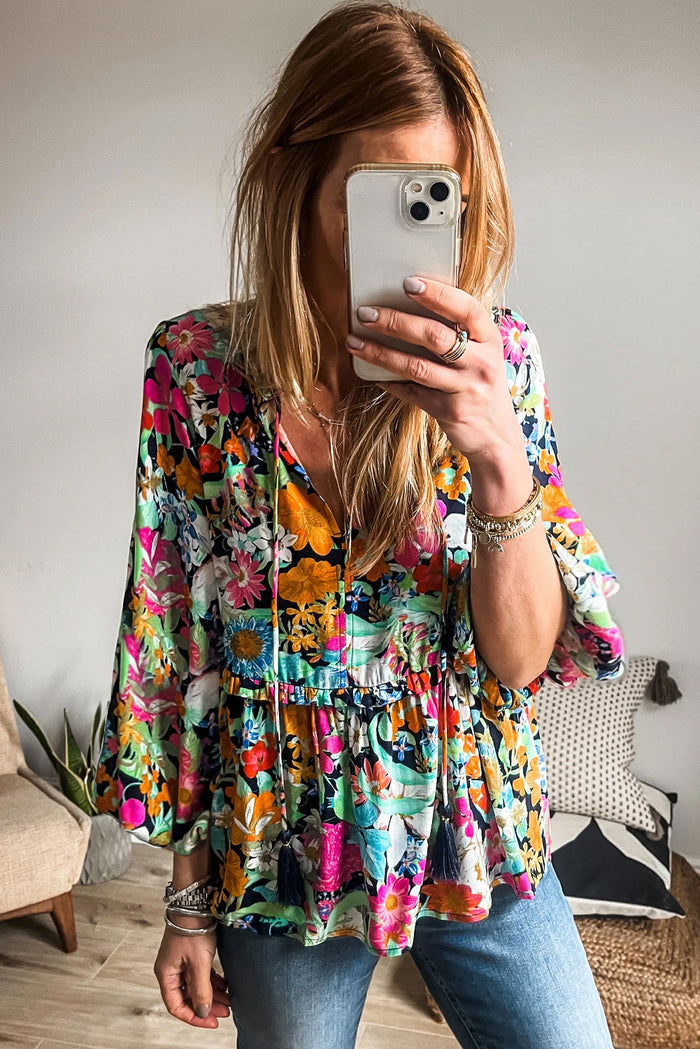 Multicolour Floral Print Blouse Bubble Sleeve V-Neck Ruffled Casual Top