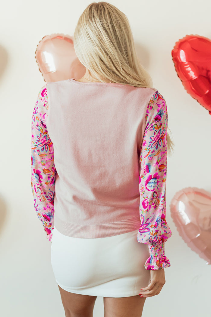 Oatmeal Floral Patchwork Smocked Lantern Sleeve Knit Top Casual Women’s Top