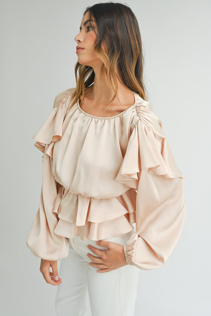 Oatmeal Lace Up Keyhole Back Ruffled Peplum Women’s Blouse
