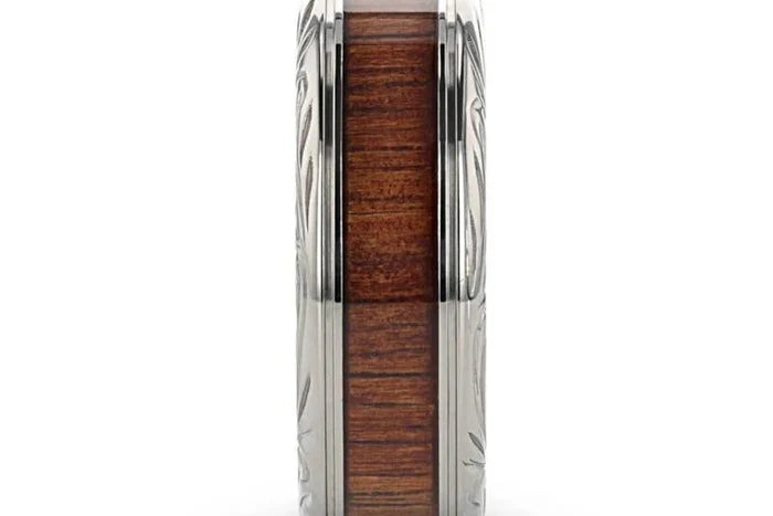 OHANA KOA WOOD INLAID TITANIUM MEN’S WEDDING RING WITH INTRICATE EDGES - 6MM
