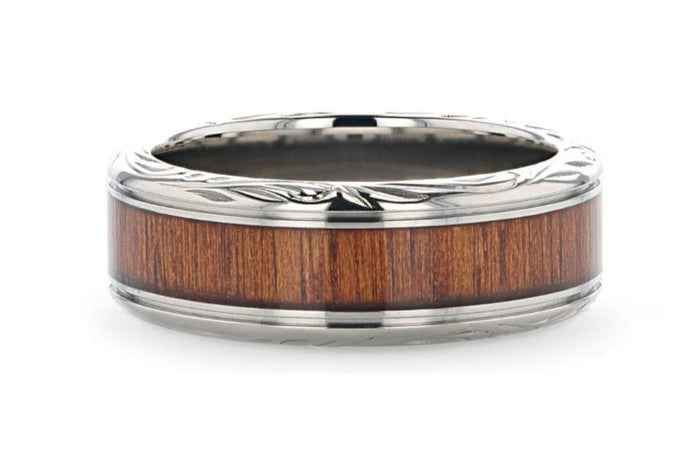 OHANA KOA WOOD INLAID TITANIUM MEN’S WEDDING RING WITH INTRICATE EDGES - 6MM