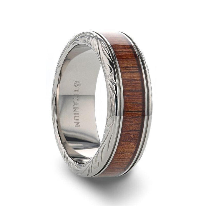 OHANA KOA WOOD INLAID TITANIUM MEN’S WEDDING RING WITH INTRICATE EDGES - 6MM