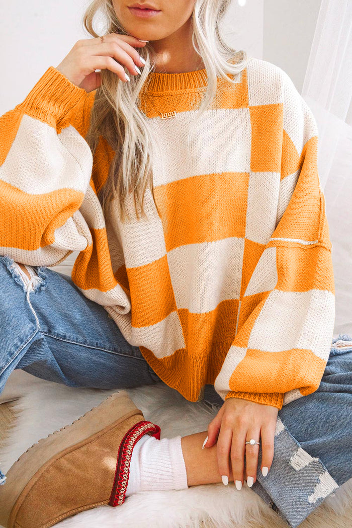Orange Checkered Bishop Sleeve Sweater for Women