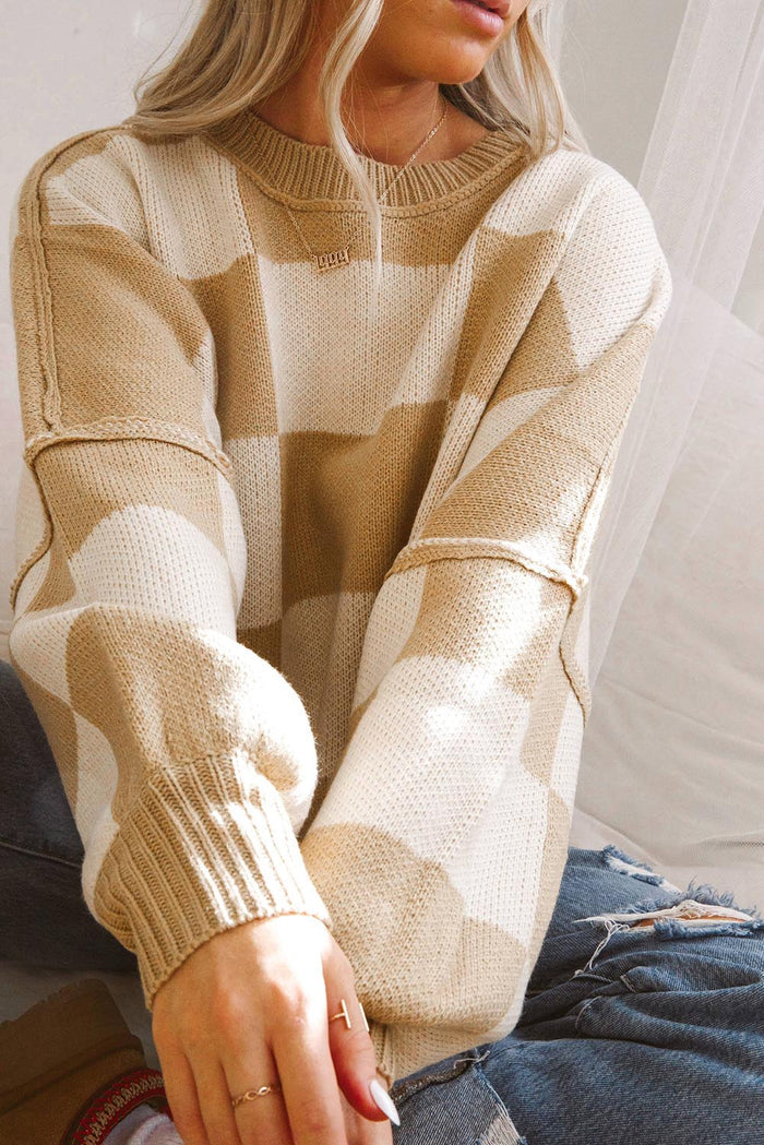 Orange Checkered Bishop Sleeve Sweater for Women