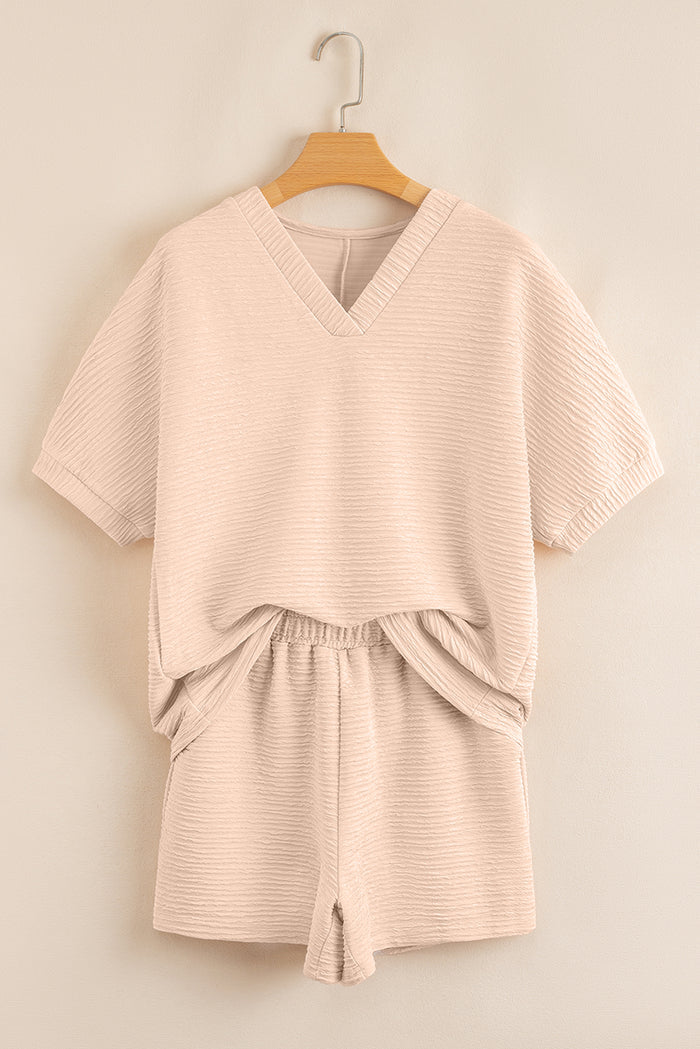 Orange Textured V Neck T Shirt and Shorts Set