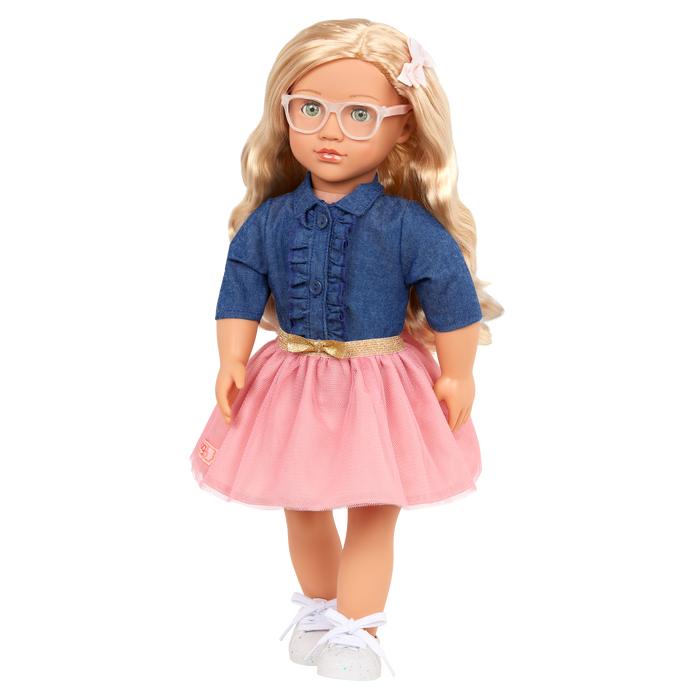 18-inch Doll with Denim-Style Top & Pink Skirt