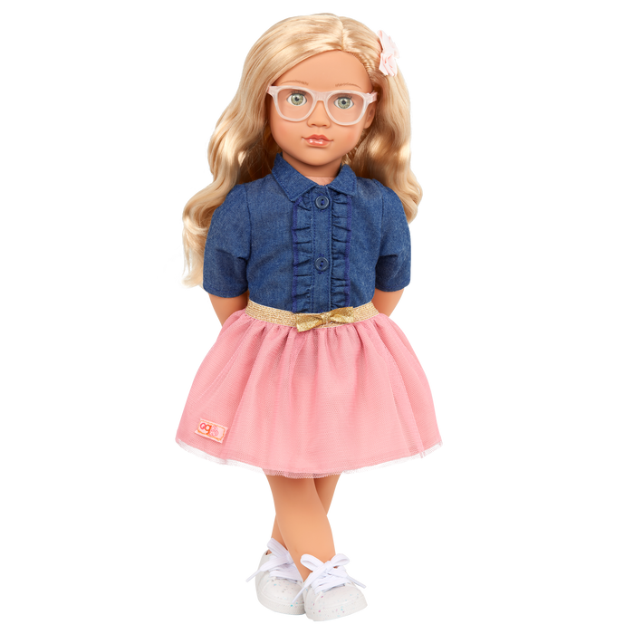 18-inch Doll with Denim-Style Top & Pink Skirt