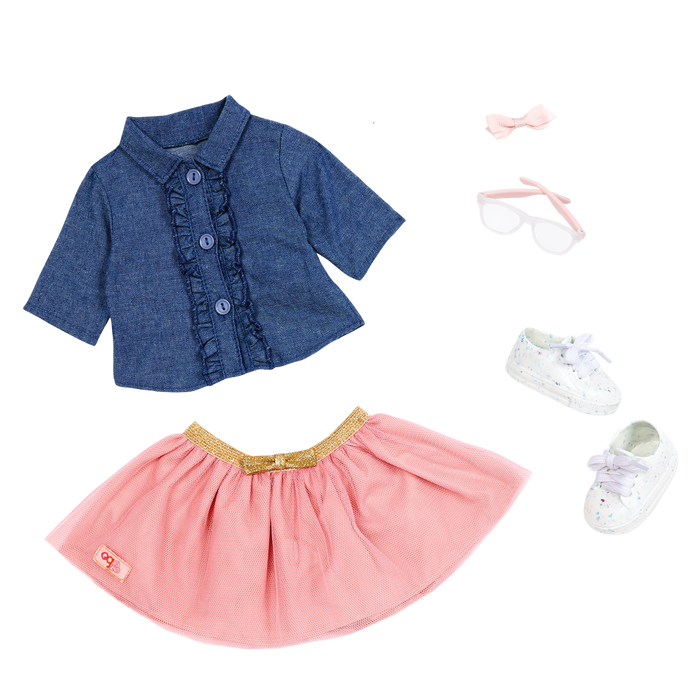 18-inch Doll with Denim-Style Top & Pink Skirt