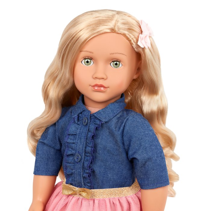 18-inch Doll with Denim-Style Top & Pink Skirt