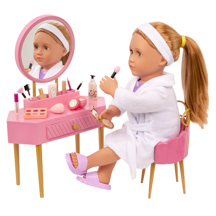 Our Generation Fabulous Fun Vanity Set for 18-inch Dolls including vanity table and chair, makeup and skin care