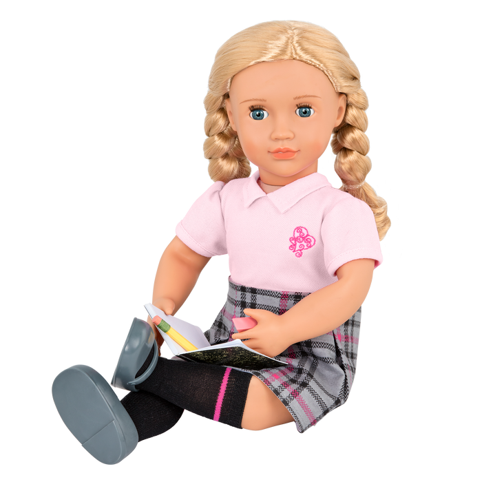 18-inch doll with blonde hair, blue eyes, school accessories and storybook