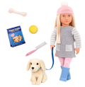 18-inch doll with blonde hair, pale blue eyes and dog accessories walking golden retriever plushie