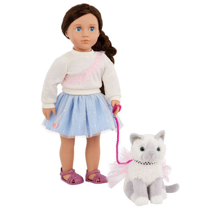 Our Generation 18" Doll Mindy, her Pet Cat Pepper and cat accessories