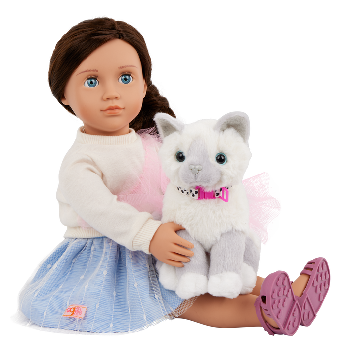 Our Generation 18" Doll Mindy, her Pet Cat Pepper and cat accessories