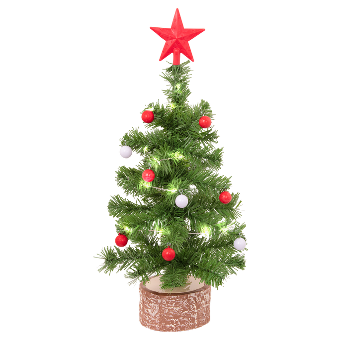 Toy Christmas tree with lights, ornaments and star
