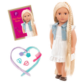 18-inch doll with blonde hair, brown eyes and extensions