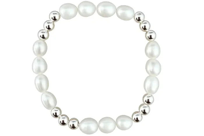 Pearl Crystal and Sterling Silver Beaded Stretchy Bracelet