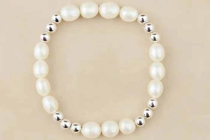 Pearl Crystal and Sterling Silver Beaded Stretchy Bracelet