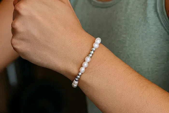 Pearl Crystal and Sterling Silver Beaded Stretchy Bracelet