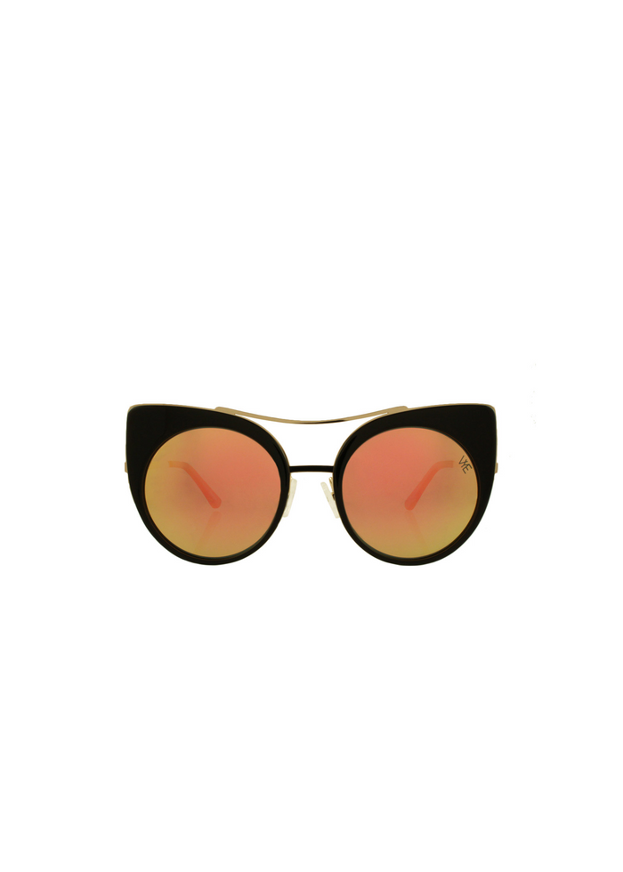 PERFECTION sunglasses with black square acetate frame, rose gold accents, and cherry powder mirror polarized lenses, offering 100% UV protection.
