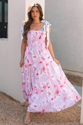 Pink Floral Print Knotted Shoulder Smocked Women’s Maxi Dress