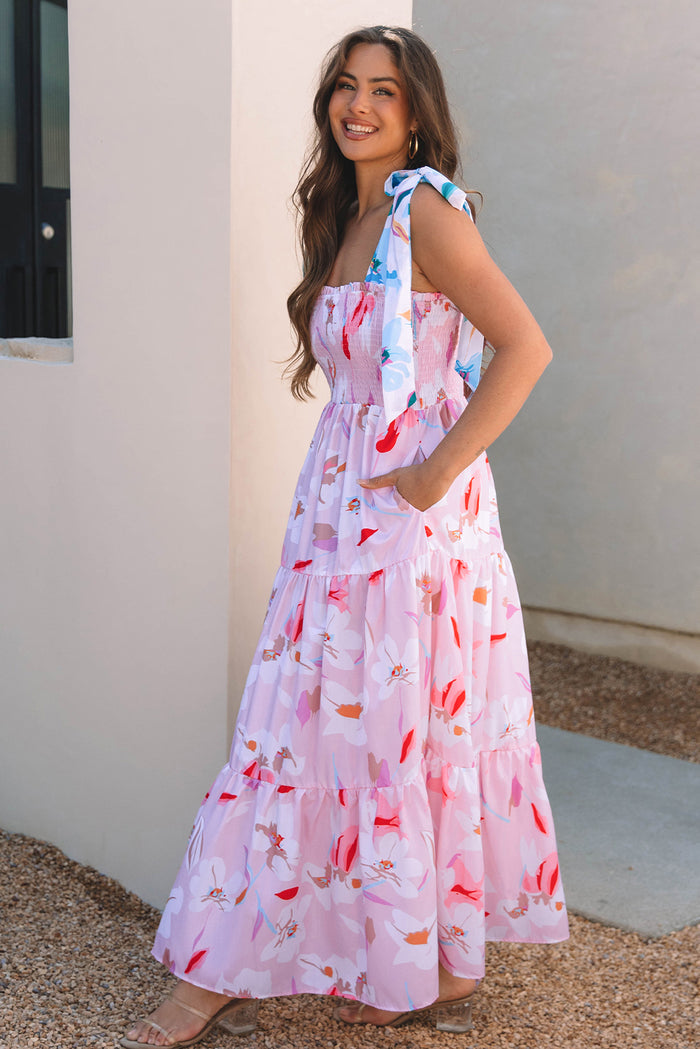 Pink Floral Print Knotted Shoulder Smocked Women’s Maxi Dress