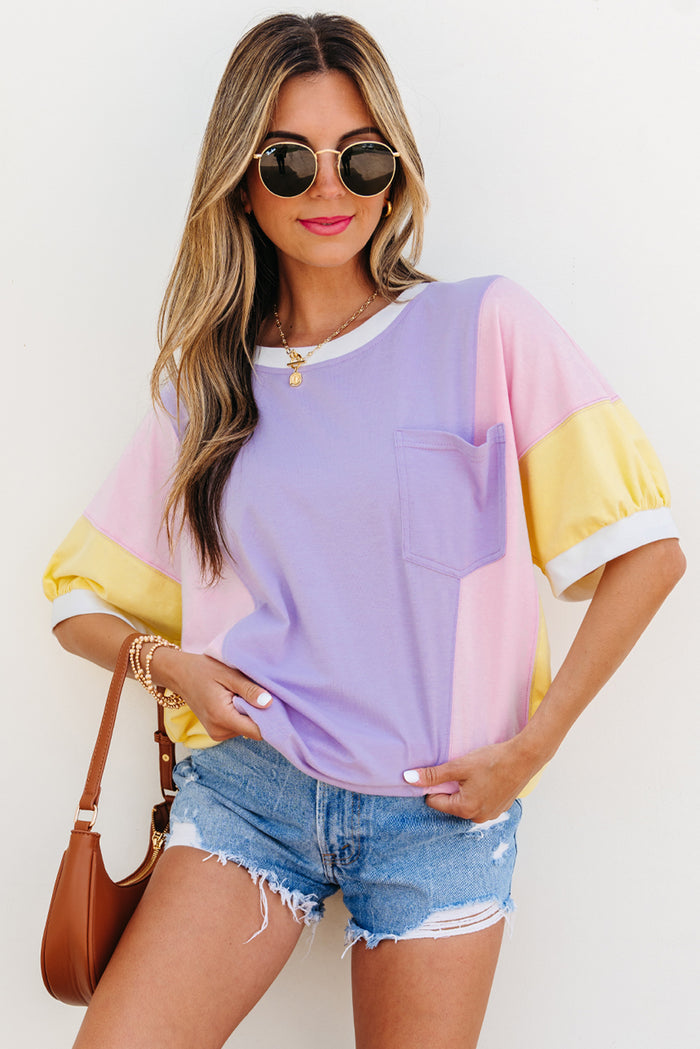 Purple Colour Block Patchwork Half Sleeve Oversized T Shirt for Women