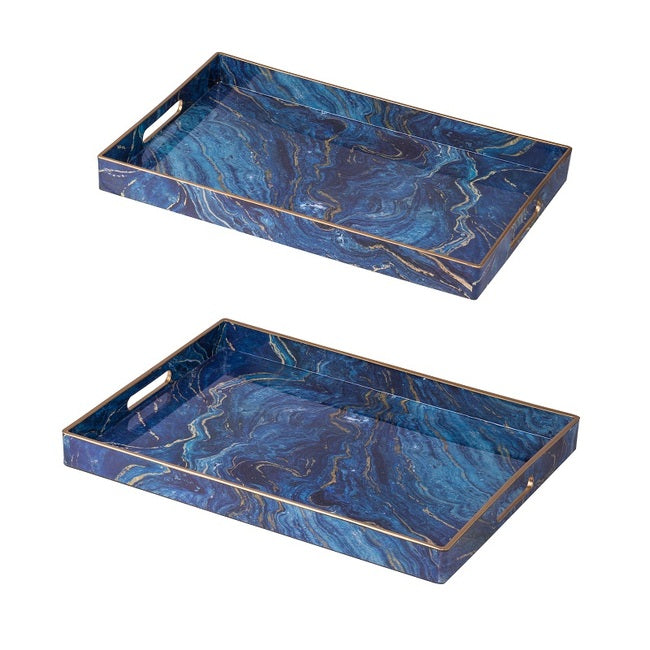 Rectangular Blue Marble Trays Set of 2 Nesting Luxury Plastic Trays