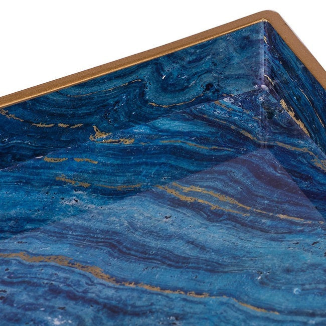 Rectangular Blue Marble Trays Set of 2 Nesting Luxury Plastic Trays