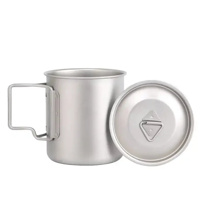 450 mL titanium camping mug with folding handles and removable lid