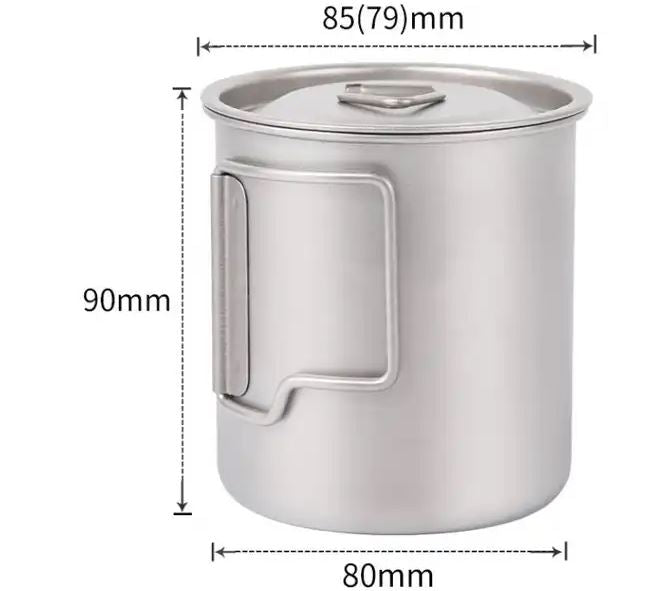 450 mL titanium camping mug dimensions showing 90 mm height and 85 mm top diameter