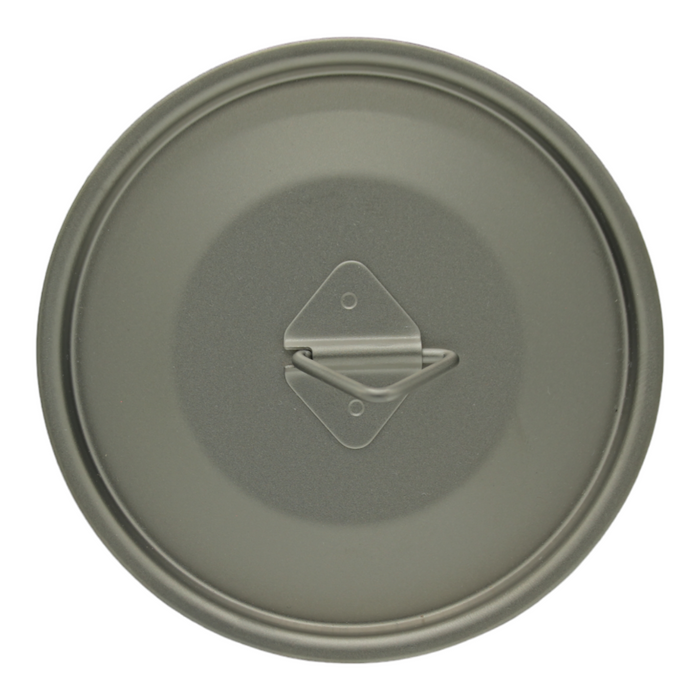 Close view of the titanium camping mug lid and folding lift handle
