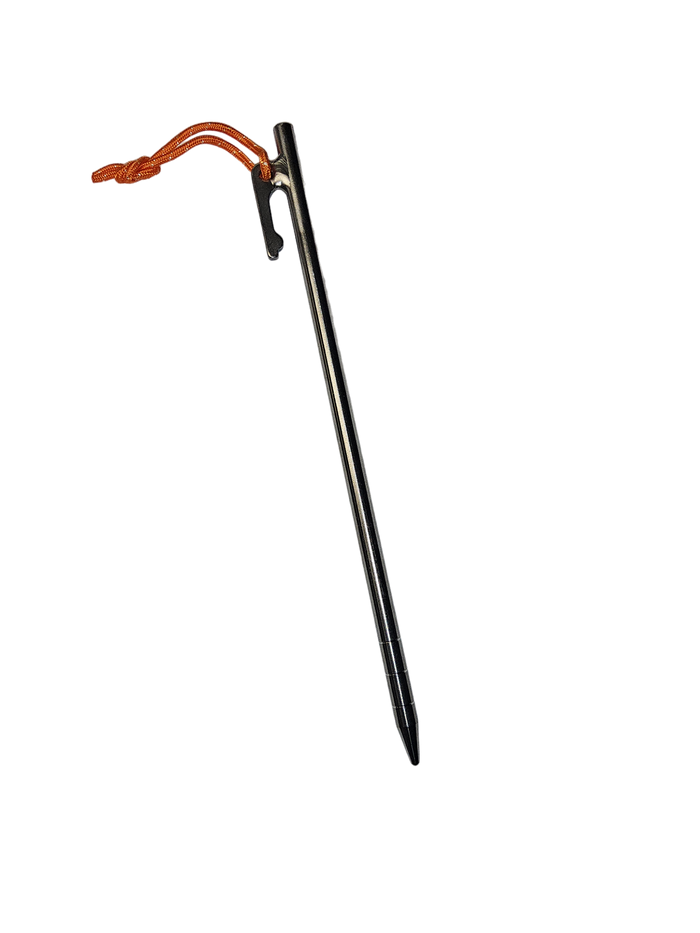 Red Beard’s Outfitter Grizzly titanium tent stake with orange pull cord and guyline hook