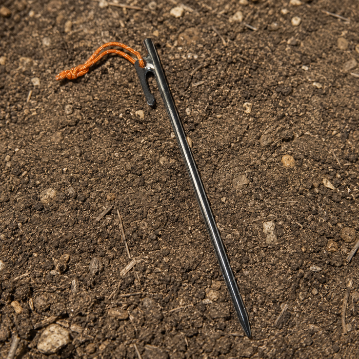 Grizzly titanium tent stake displayed on firm rocky soil