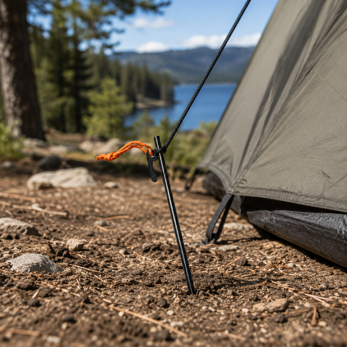Grizzly titanium tent stake securing a tent guyline at a lakeside campsite