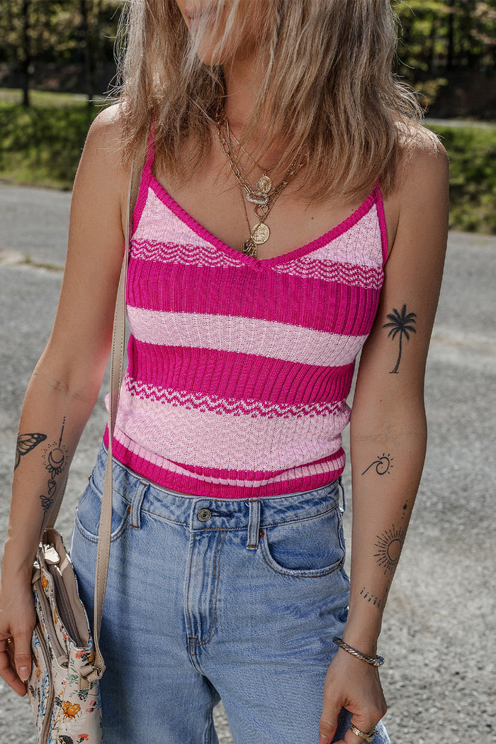 Red Stripe Spaghetti Strap V Neck Vest Casual Knit Top