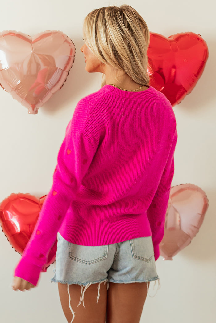 Rose Red Heart Drop Shoulder Sweater Round Neck Cute Casual Knit Sweater