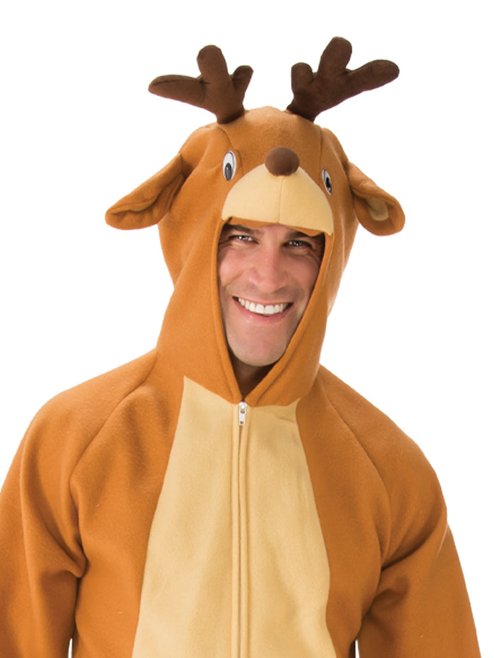 Rubie's Unisex Reindeer Christmas Costume Plush Hooded Onesie with Antlers - Brown Colour