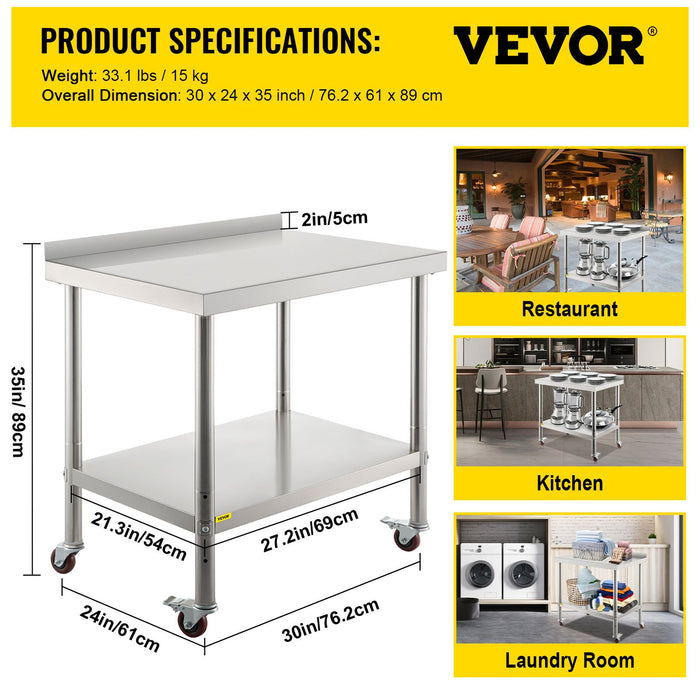 Stainless Steel Work Prep Table 76.2x61 cm Kitchen Work Table with 4 Casters