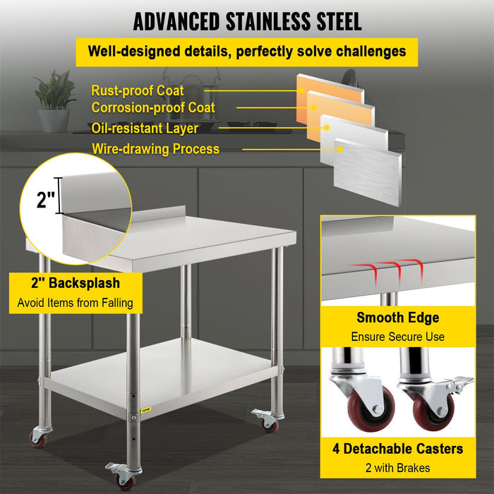 Stainless Steel Work Prep Table 76.2x61 cm Kitchen Work Table with 4 Casters